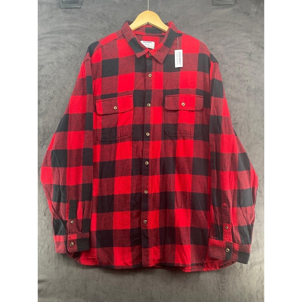 Old Navy Mens XXXL Tall Red Black Buffalo Plaid Flannel Shirt Double Brushed NWT